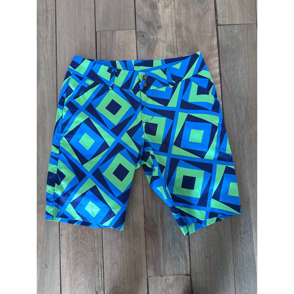 Loudmouth Golf Shorts Womens 4 Blue Green Geometric Square Print Bermuda